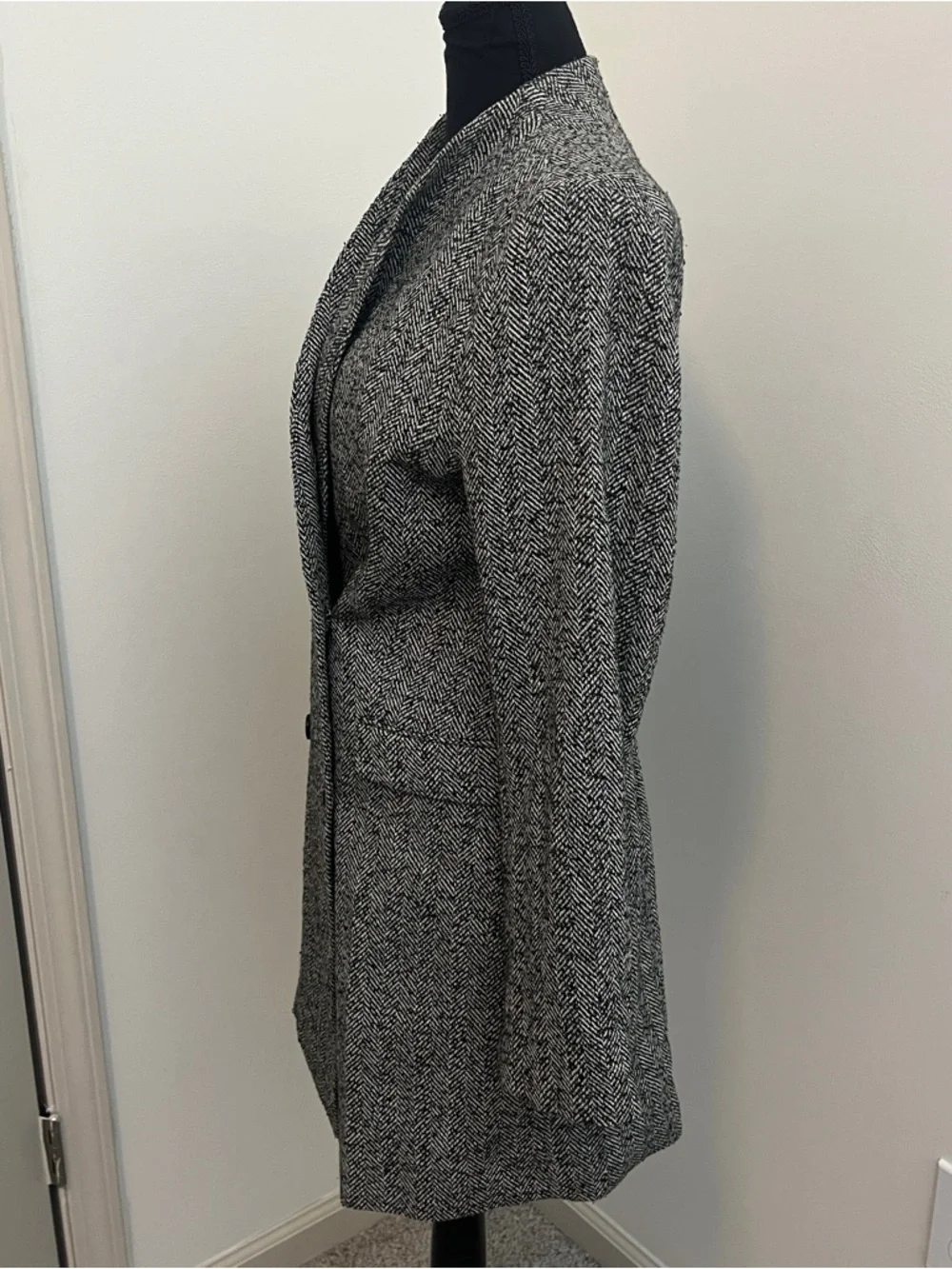 H&M Herringbone Double Breasted Blazer Coat Size M Black‎ White Tweed Wool Blend